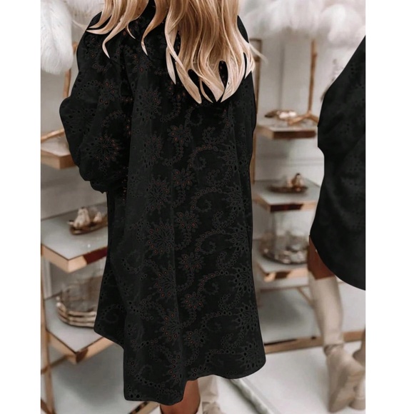 Boho Eyelet Puff Sleeve Button Down Shirt Dress - Picture 6 of 8